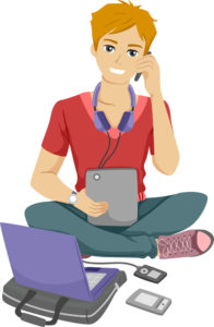 Illustration of a Male Teenager Surrounded by Different Electronic Gadgets